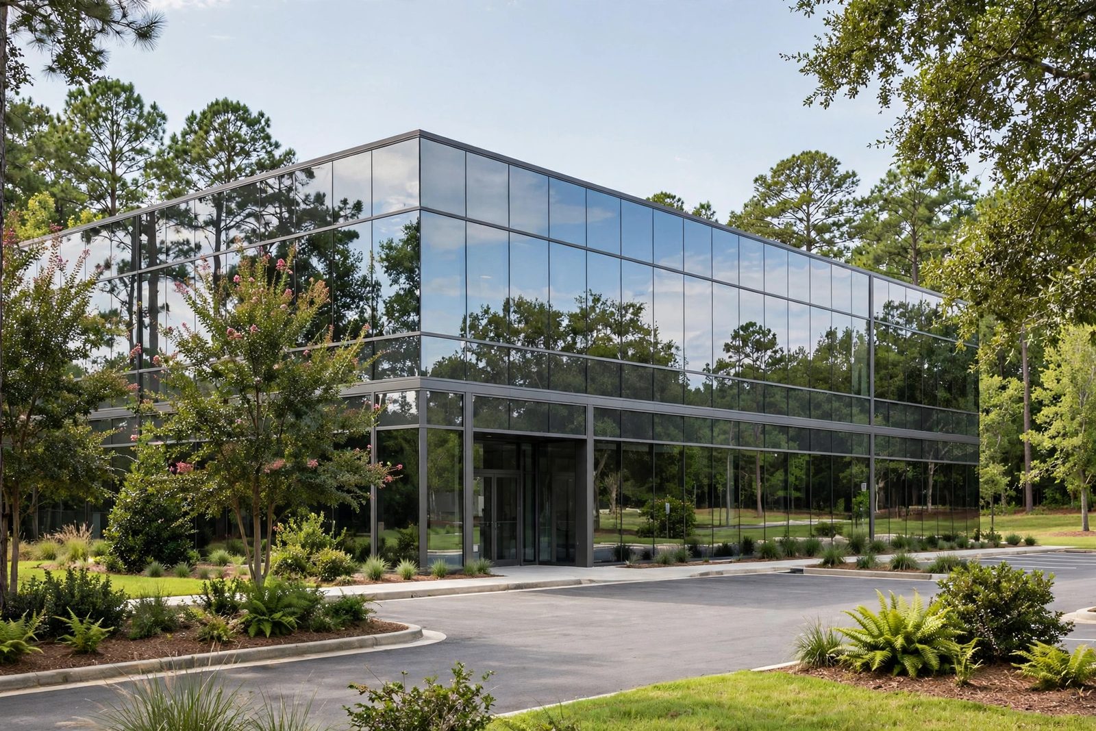 Glass-front commercial building in Lawrenceville GA with solar window film by O2 Window Tinting