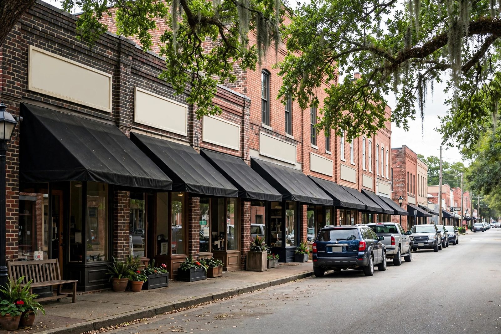 Main street storefronts in Grayson GA where O2 Window Tinting fits commercial film