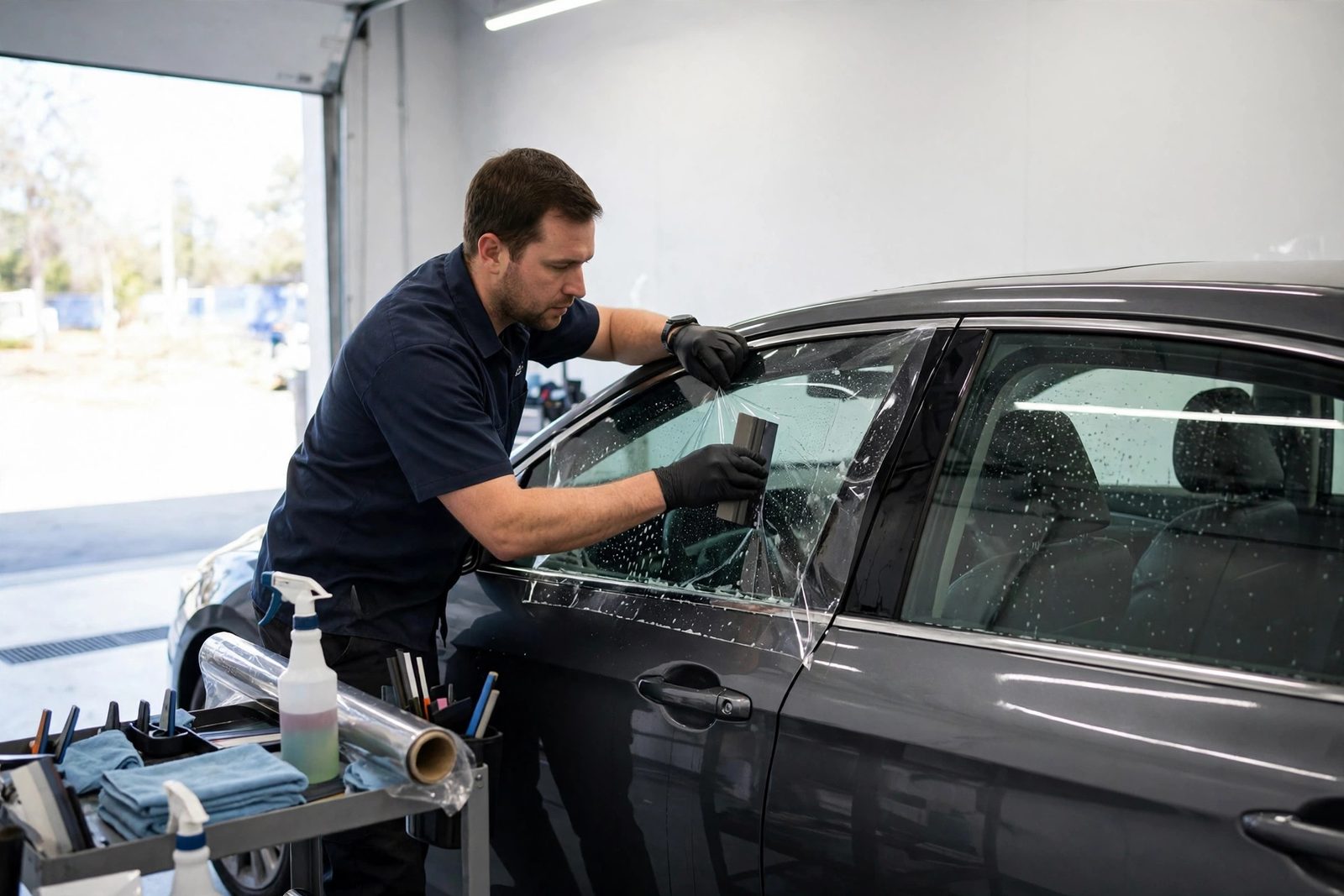 Ceramic window film being installed on a car window in Snellville