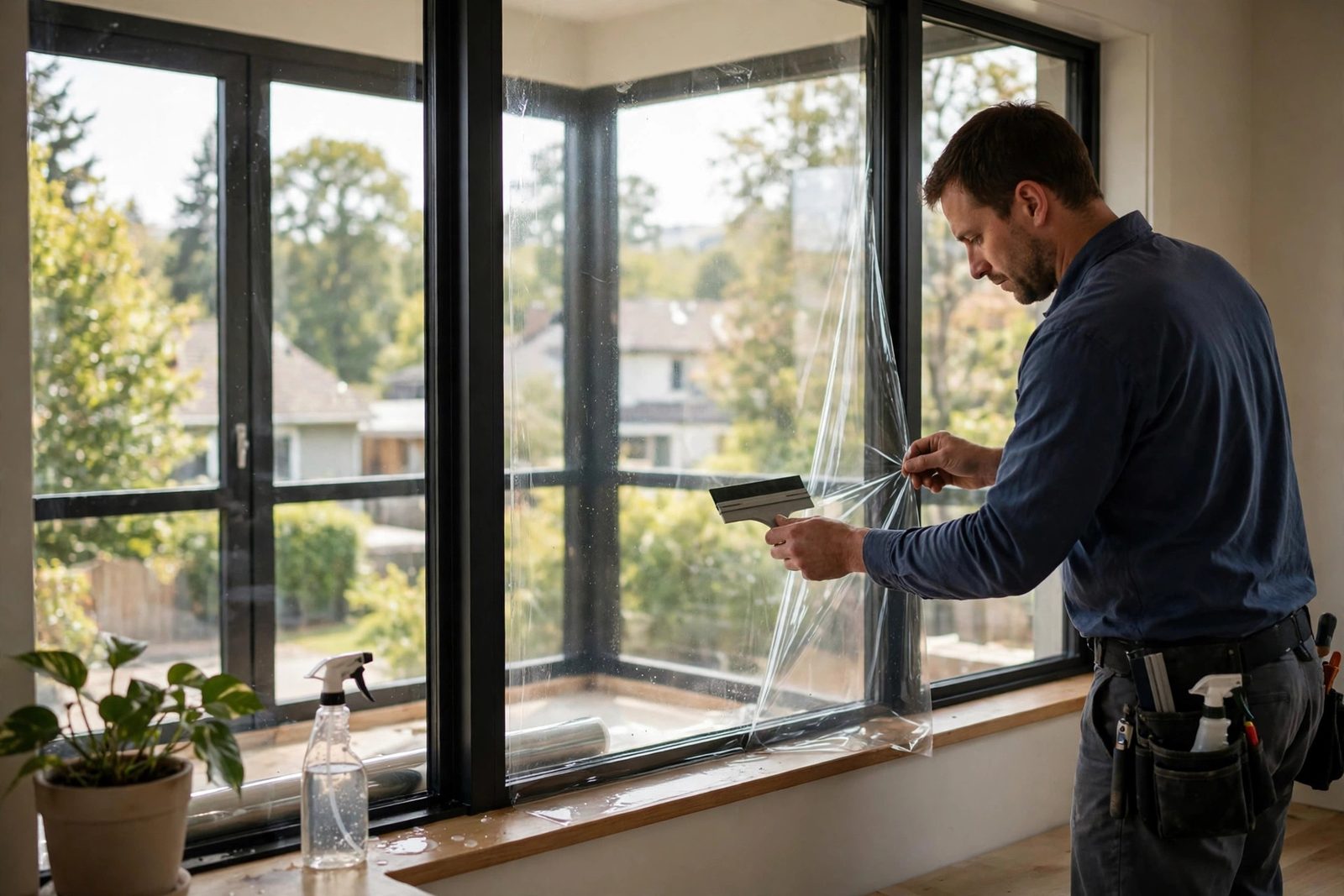 Installer applying window film to a residential window in a Snellville home