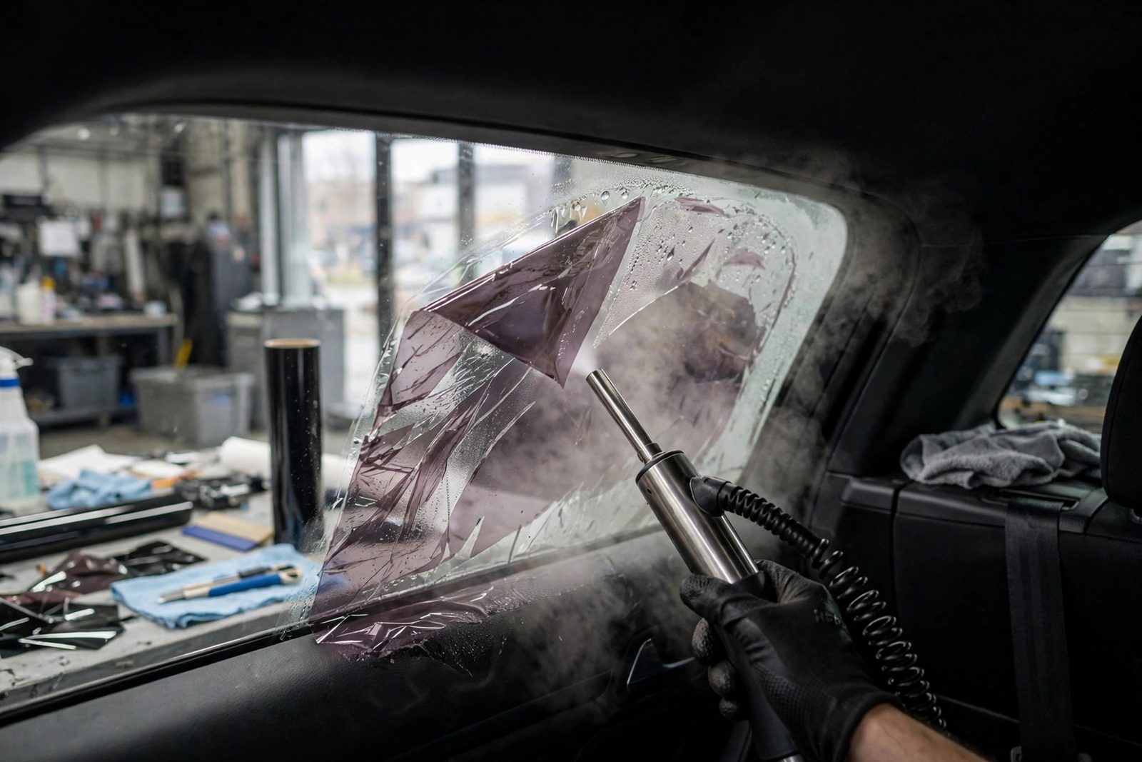 Technician using a steamer to remove old window tint from a rear car window