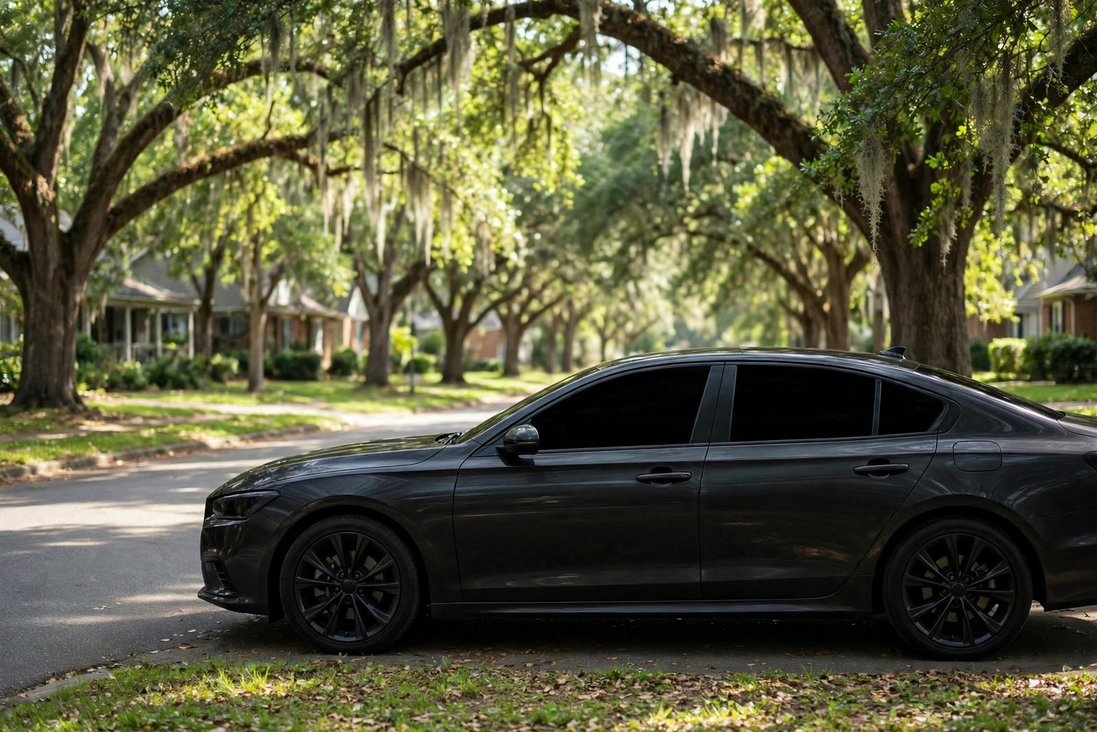 Sedan with freshly installed ceramic window tint parked on a Snellville street