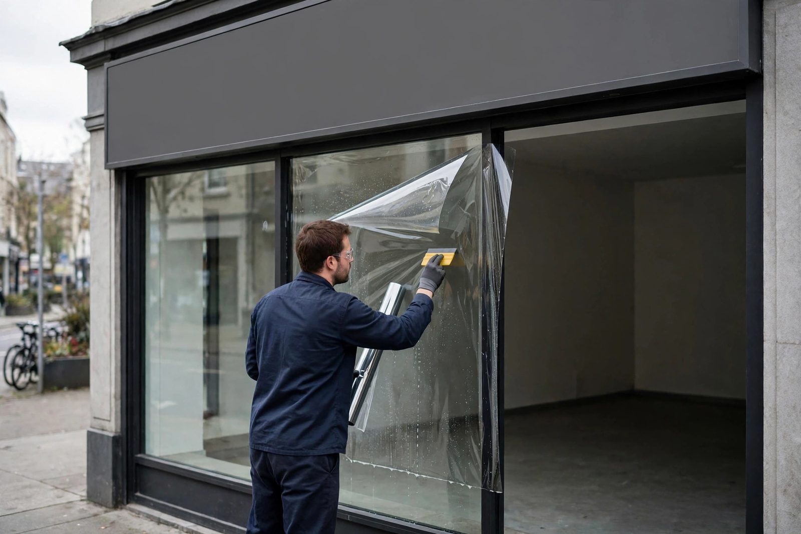 Installer fitting solar film to storefront glass for a Grayson business